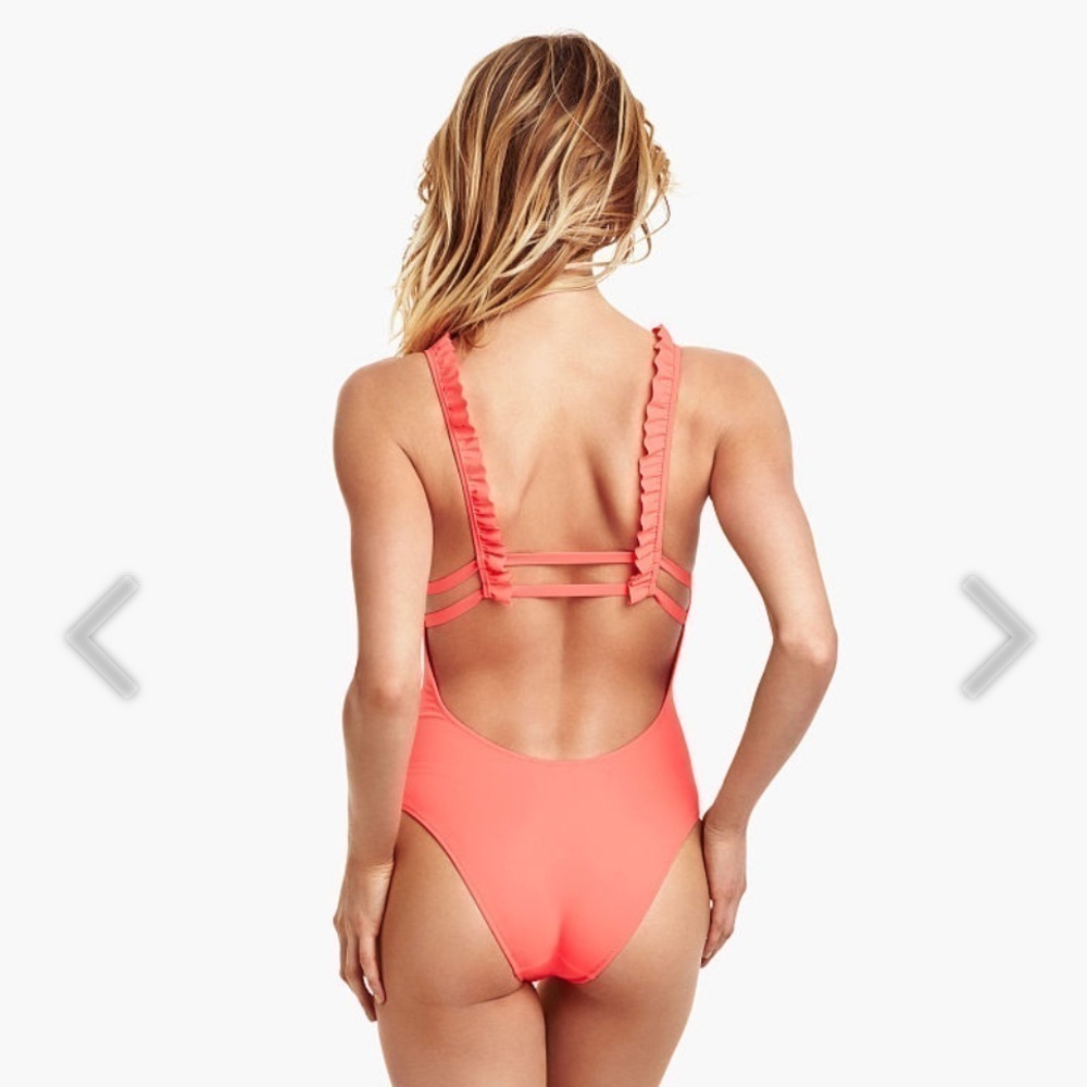 Victoria Secret Coral Orange One piece Swim Suit Ruffle Strap Size Small
